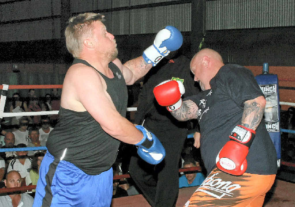 BIG HITTERS: David Surawski and Al Fogarty were in one of 13 fights on Saturday night in the Warwick Boxing Club fundraising night. BIG HITTERS: David Surawski and Al Fogarty were in one of 13 fights on Saturday night in the Warwick Boxing Club fundraising night.